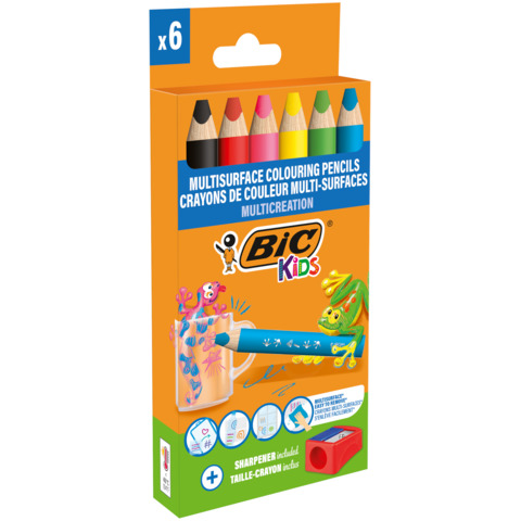 Matite colorate BIC Kids Multisurface con fusto triangolare in conf. 6 pezzi assortiti + temperamatite - 515220